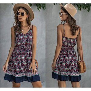 Summer Flower Printed V-Neck Sleeveless Ruffled Dress Buttons Size S